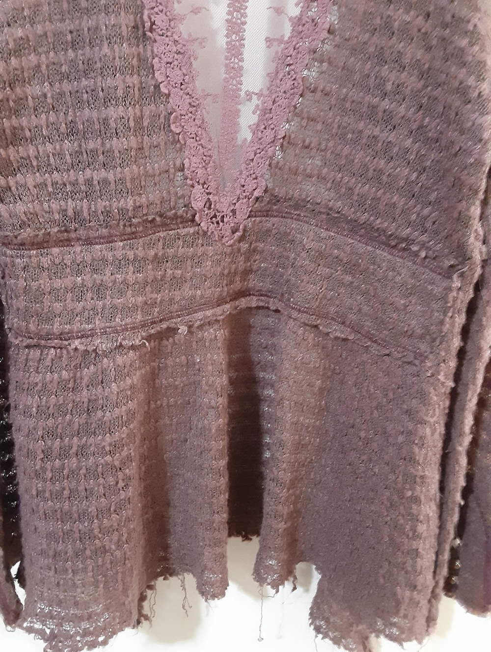 Boho Textured Raw Hem Cardigan Top Merlot Lace Cuff Free People Vibe - Picture 7 of 10